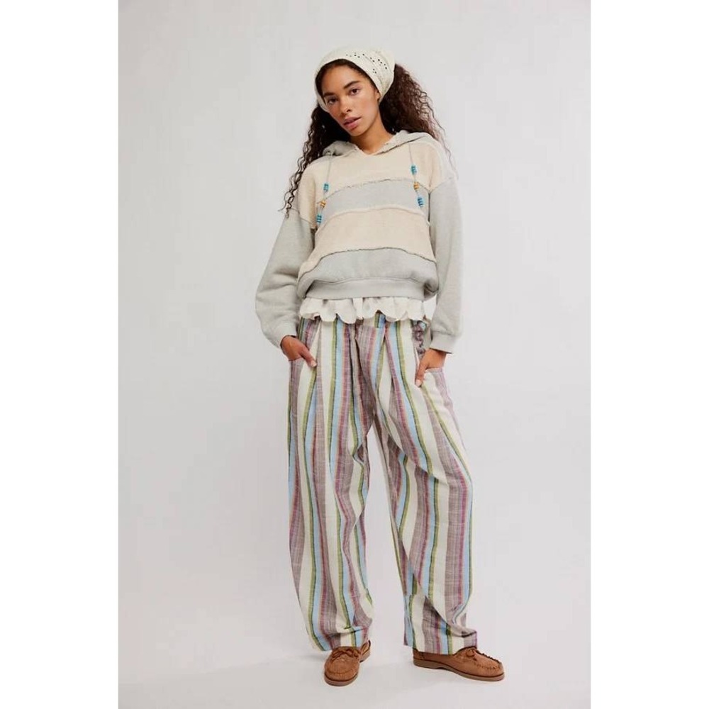 Free People Chambers Laid Back Stripe Women Large Ivory Combo Wide Leg Pants